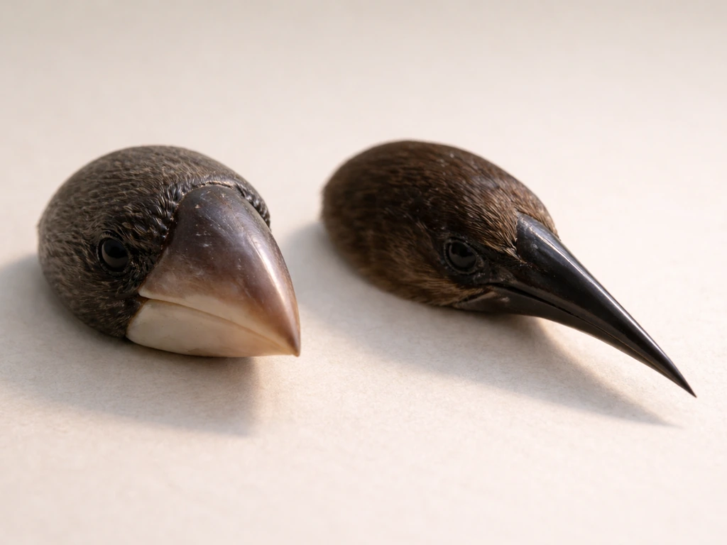 Close-up of two different bird-beak shapes side-by-side, showing seed-cracking vs slender insect/nectar phenotypes.