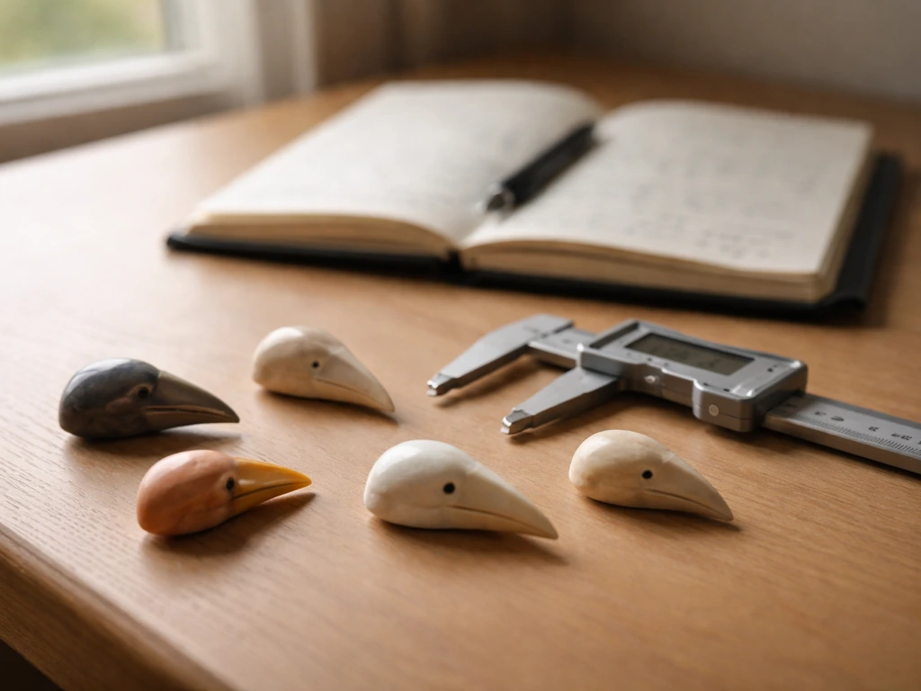 Close-up of calipers and natural beak-shaped replicas on a desk, photographed in natural light.