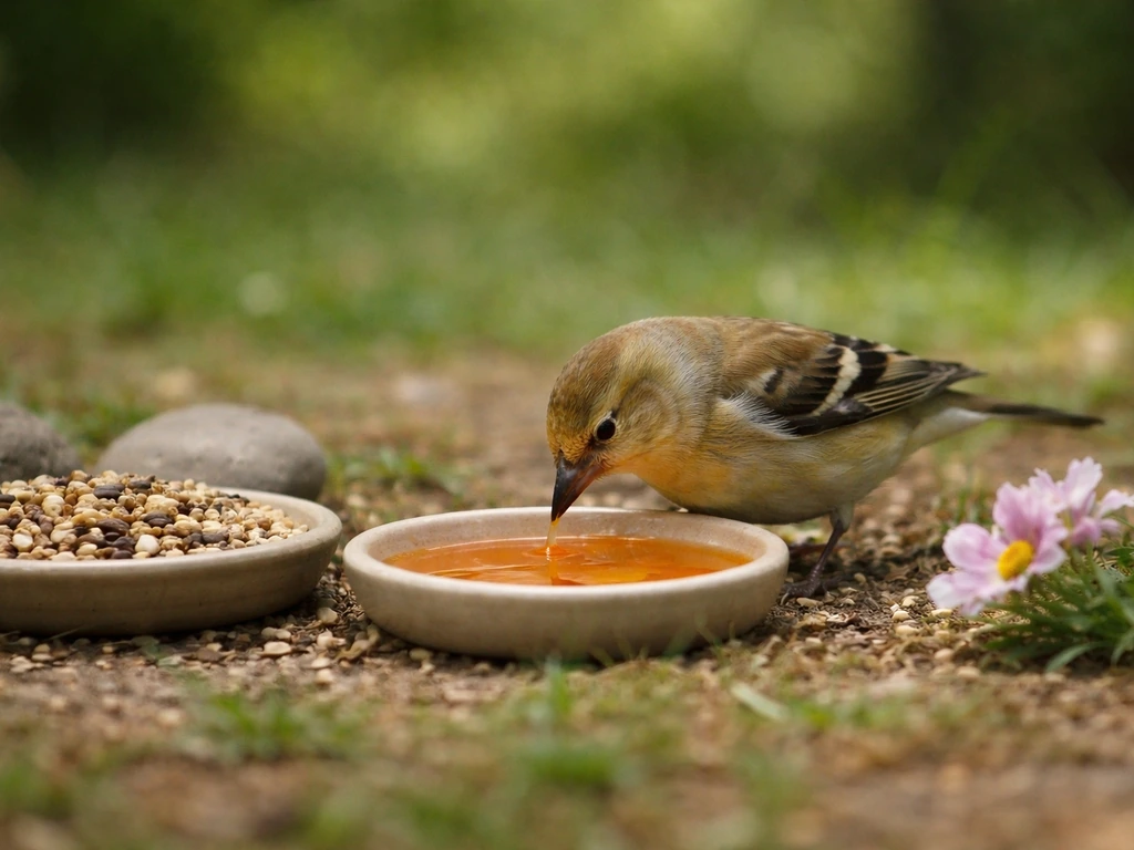 Close-up of a finch-like bird at two feeding setups with hard seeds and nectar-like food in a simple natural setting.