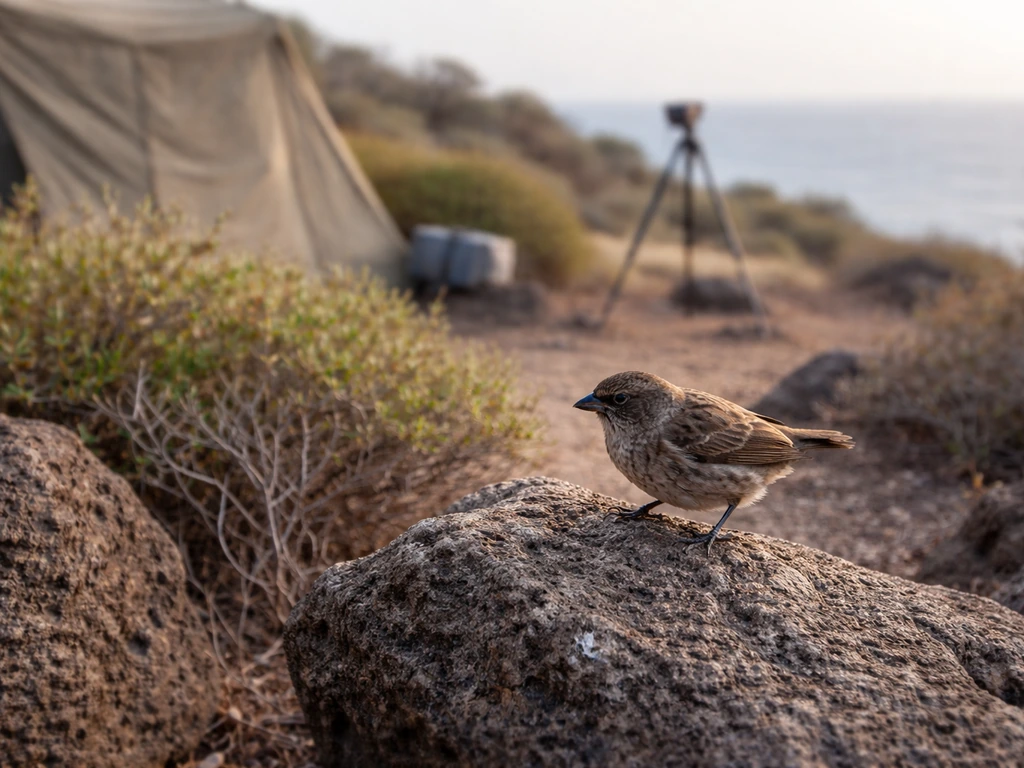 A small finch perched near volcanic rocks on Daphne Major, with a weathered fieldwork backdrop