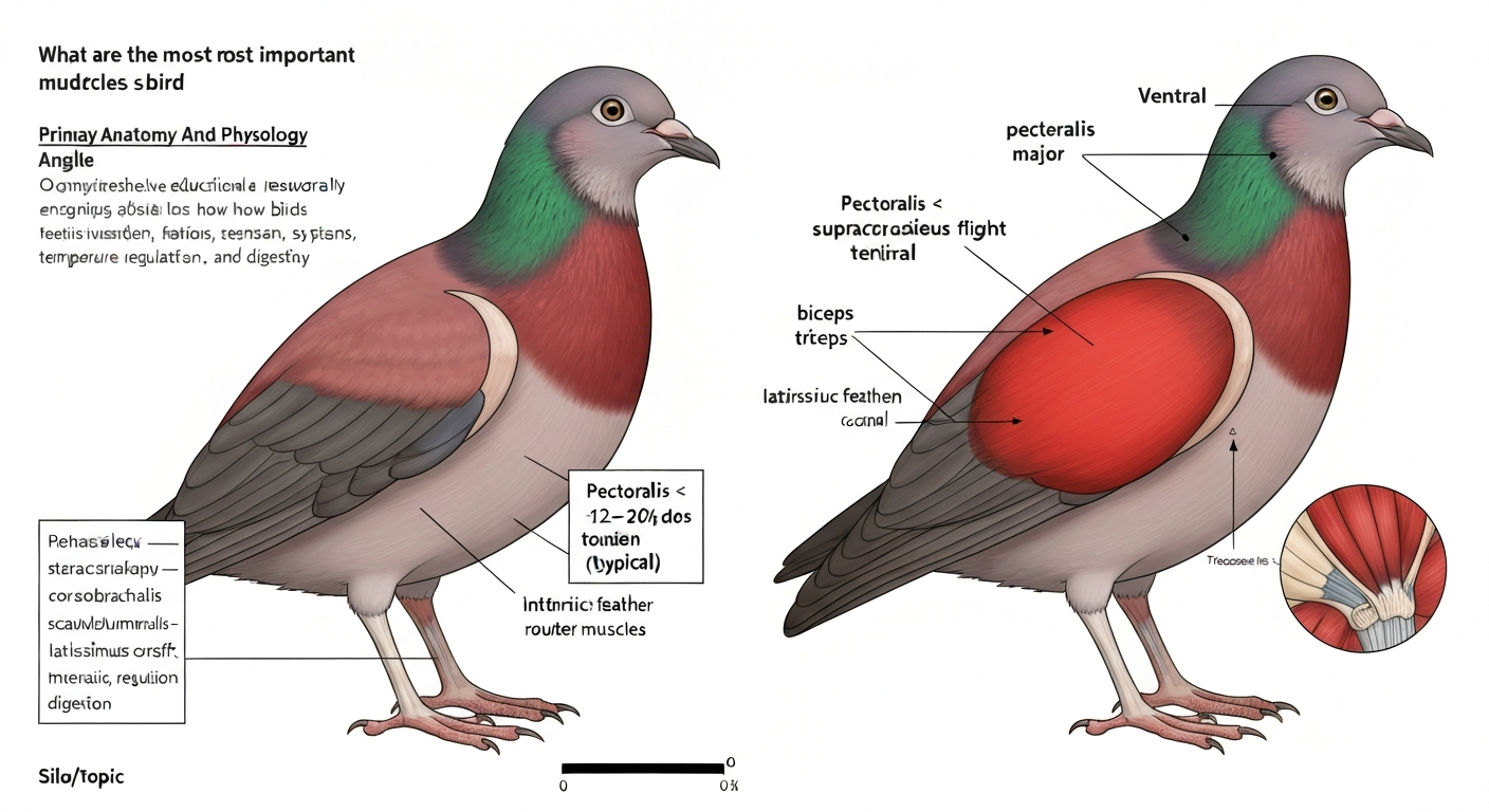 Labeled dorsal and ventral muscle map of a bird showing pectoralis, supracoracoideus, and other major flight muscles.