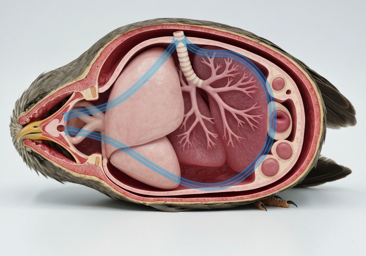 Photo-style cutaway of a generic bird with realistic airflow streams through trachea, lungs, and air sacs.