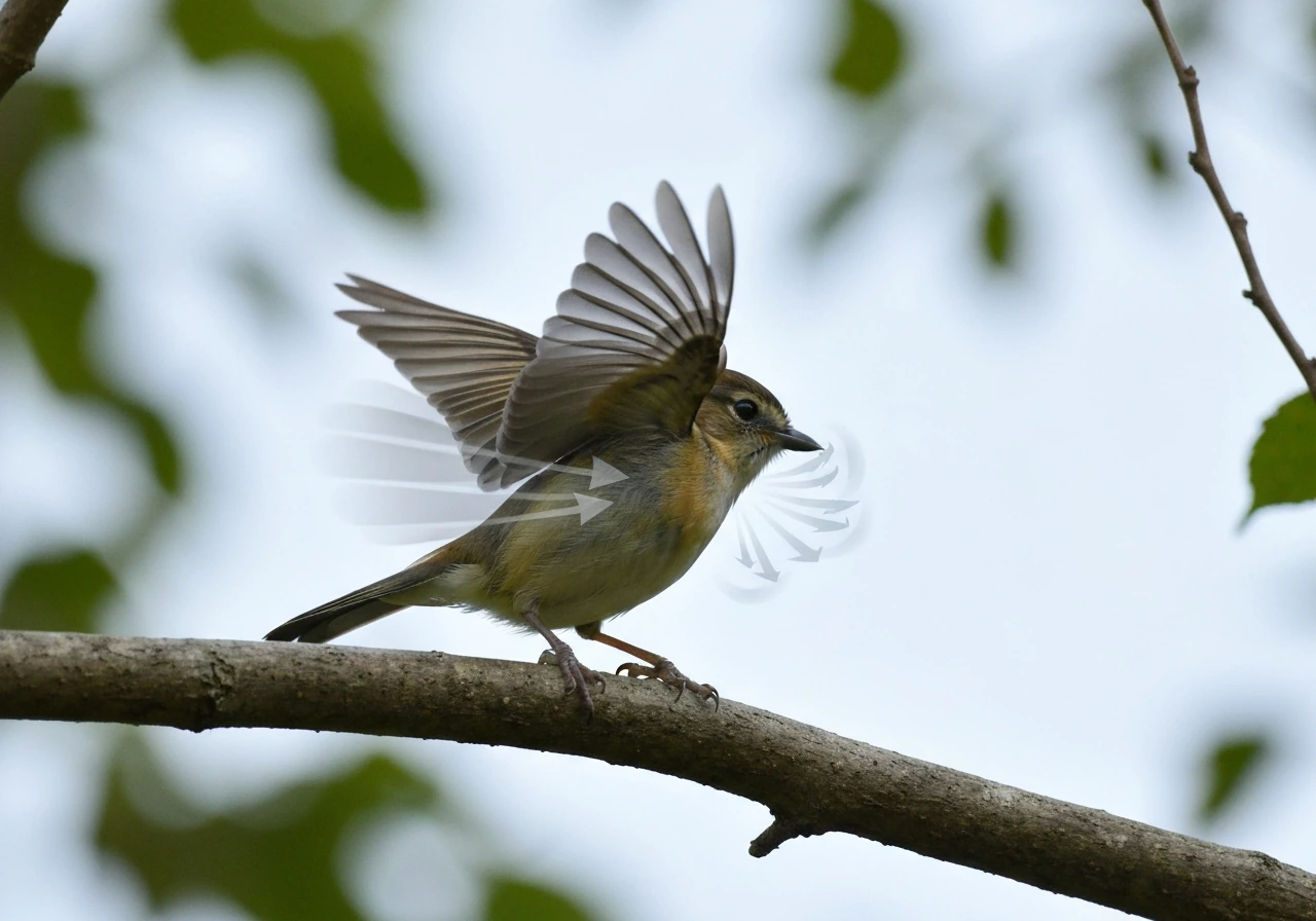 Close-up of a bird on a branch with wings slightly moving, showing breathing cycle airflow concept