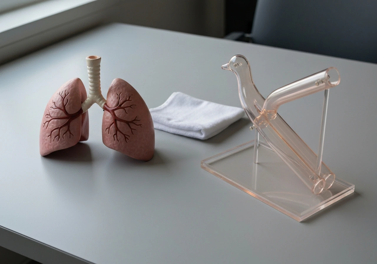 Minimal tabletop photo of two lung models side by side suggesting tidal vs unidirectional breathing, no labels.