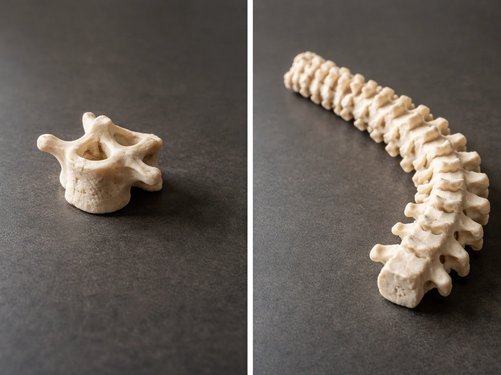 Minimal photo showing a single vertebra segment beside a full bird-like vertebral column made of bones.