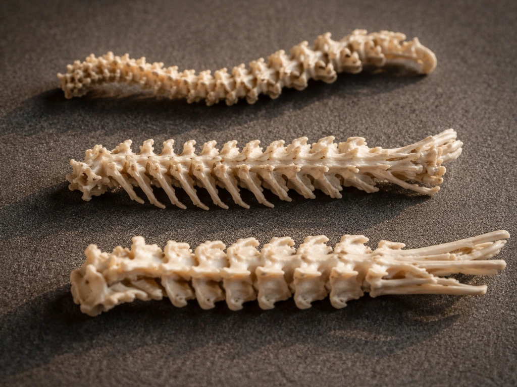 Macro photo of an anonymous bird spine model showing mobile neck vertebrae vs fused thoracic and lower spine.