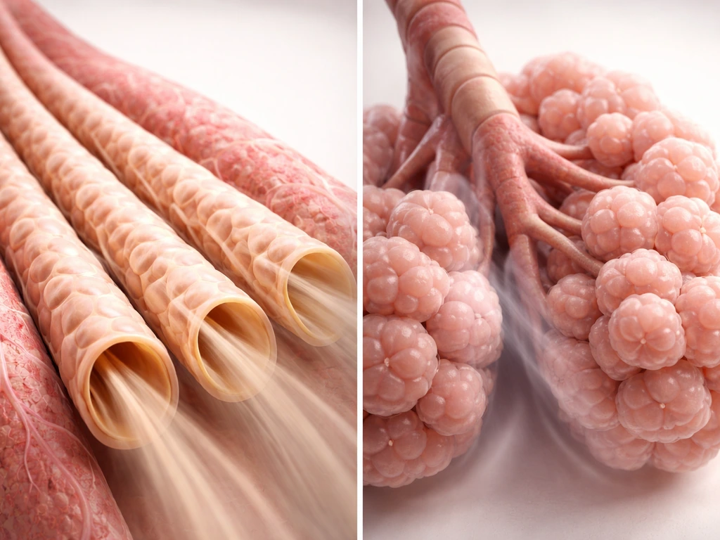 Split photo of bird lungs with tube-like parabronchi and human lungs with balloon-like alveoli, minimal and realistic.