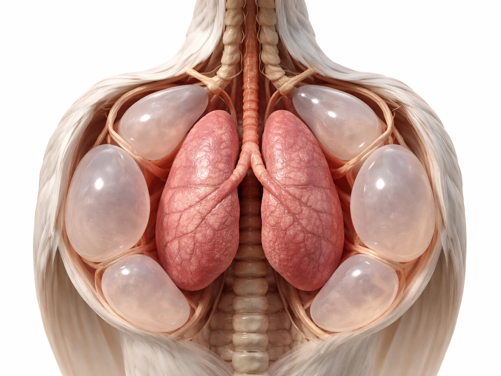 Realistic medical-style 3D illustration of simplified bird air sacs arranged cranially and caudally around lungs