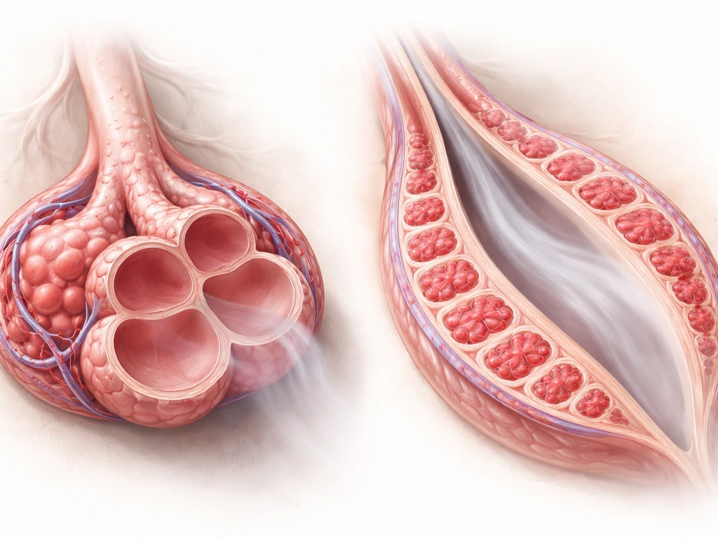 Minimal cutaway showing dead-end human alveoli vs continuous bird lung exchange with smooth airflow.