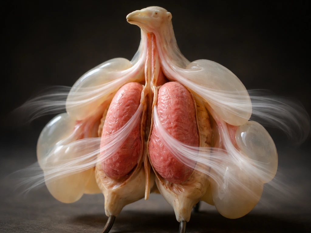 Realistic close-up macro scene of a bird respiratory system model showing rigid lungs, air sacs, airflow direction.