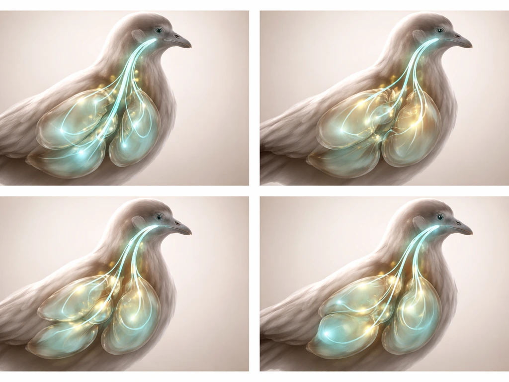 Four-frame photo sequence showing airflow direction through bird-like airway and air sacs into lung.
