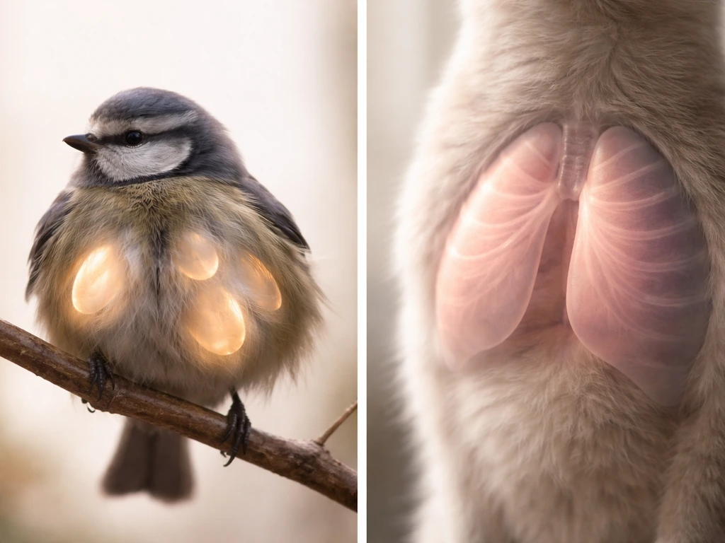 Side-by-side photo-style scenes contrasting bird air sacs with a mammal lung expanding during breathing.