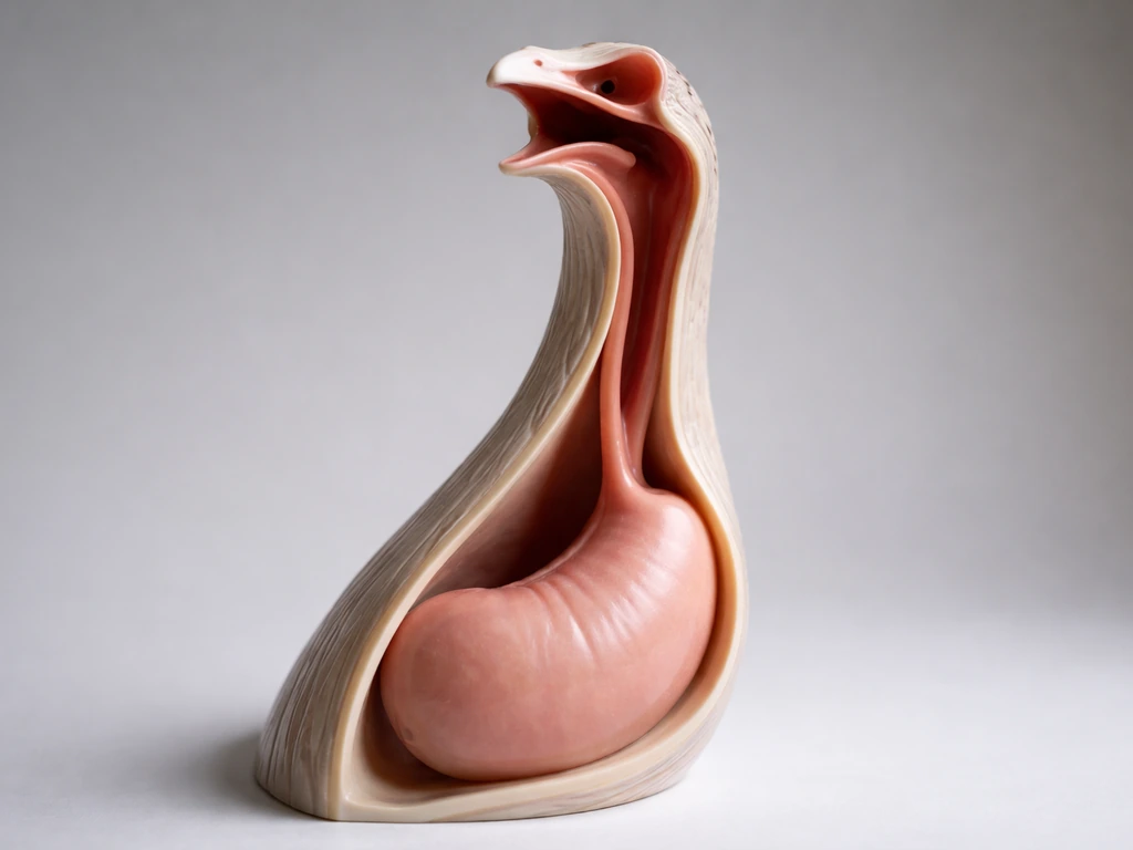Minimal close-up of an anatomical-style bird throat passage model linking esophagus to stomach