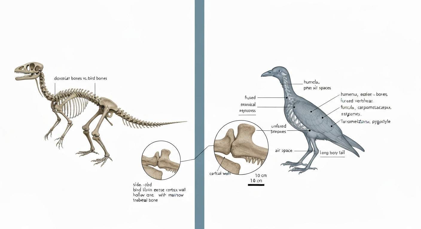 Split scientific illustration comparing a small non-avian theropod skeleton and a modern bird skeleton, semi-transparent to show internal air spaces and cortical differences; inset cross-sections show thin dense bird cortex versus thicker theropod cortex.