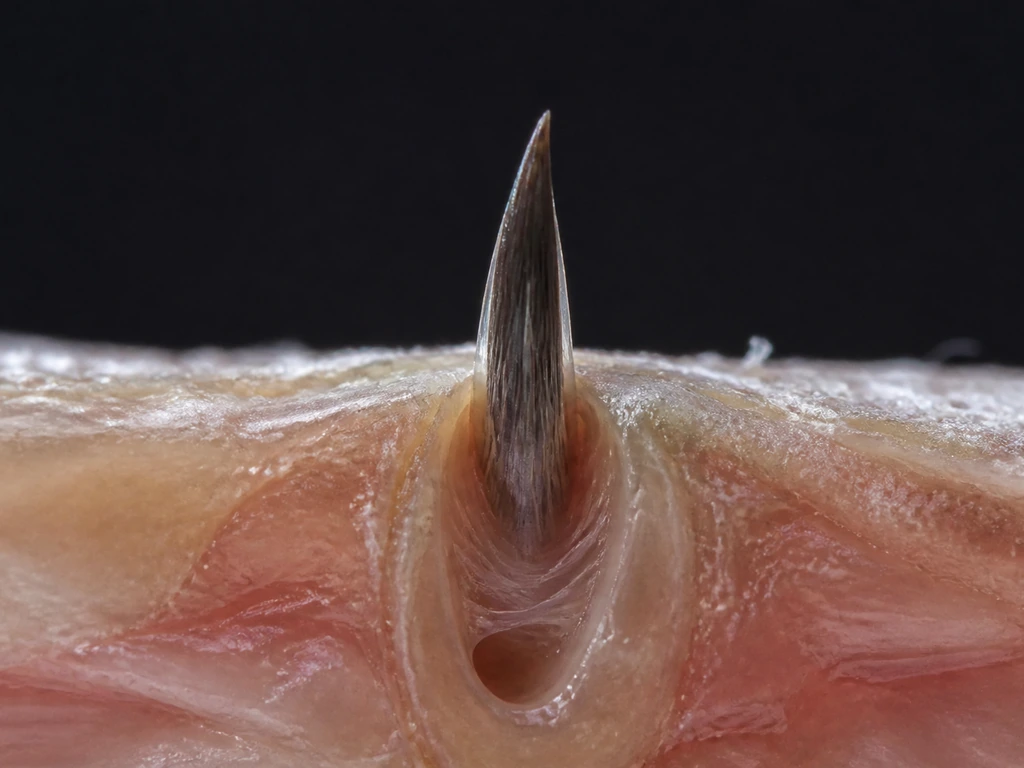 Macro view of a feather follicle embedded in bird skin, showing feather forming from the base.