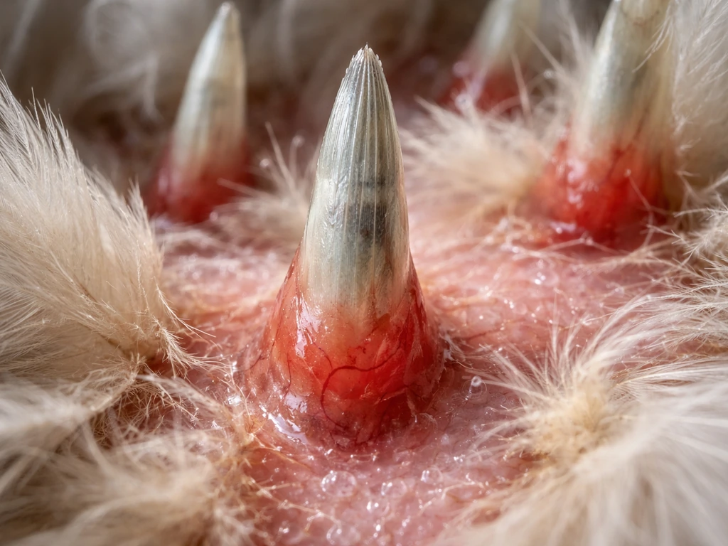 Macro close-up of a pin feather (blood feather) emerging from skin with visible vascular sheath.