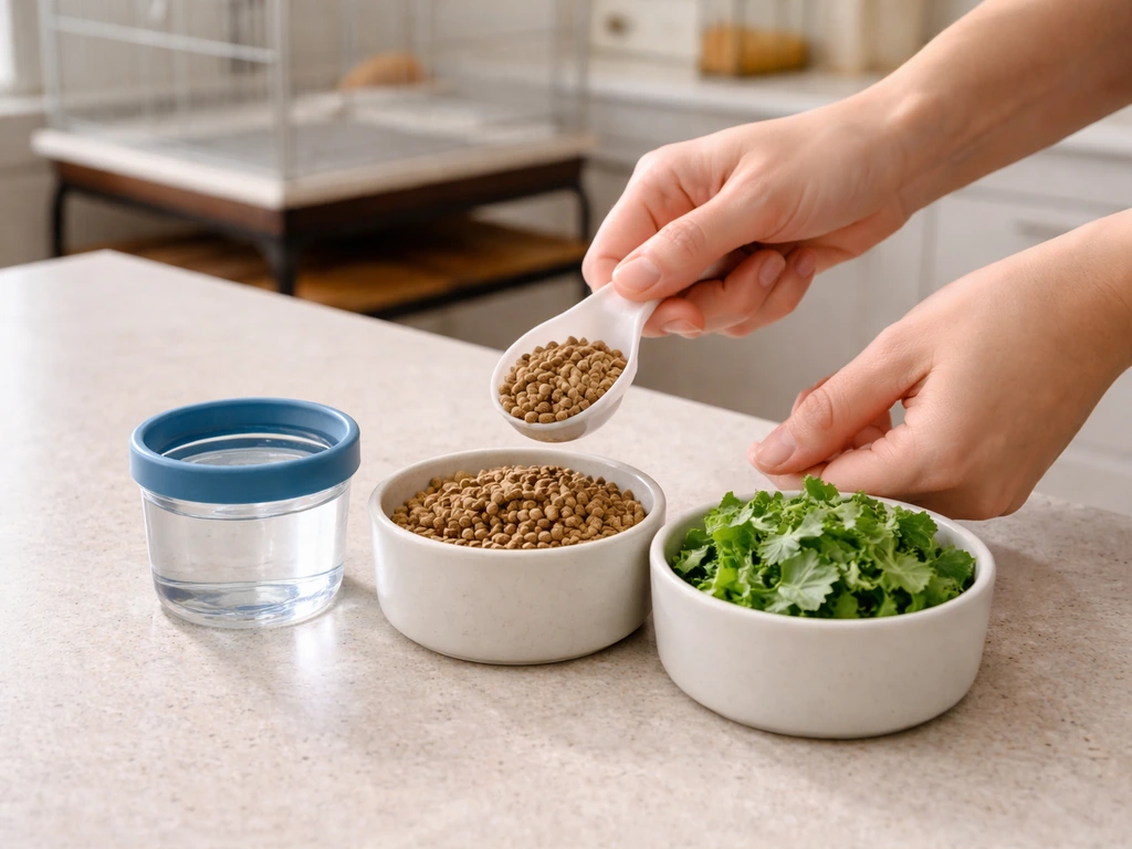 Minimal pet bird nutrition setup: pellets measured in bowls with fresh greens and clean water.