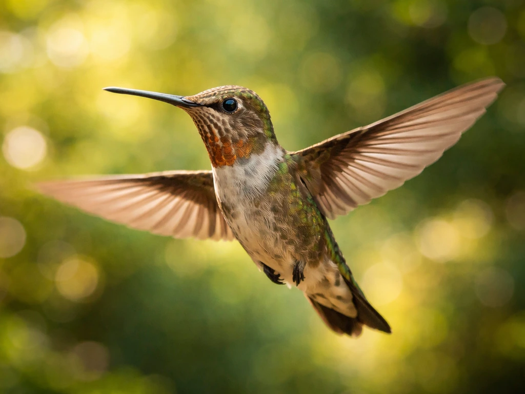 A hummingbird hovering midair with wings extended, sharp feathers, and a soft bokeh background.