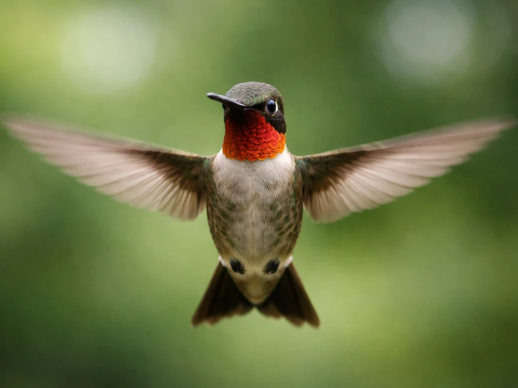 Close-up hummingbird hovering mid-air with fast wing motion blur in natural light.