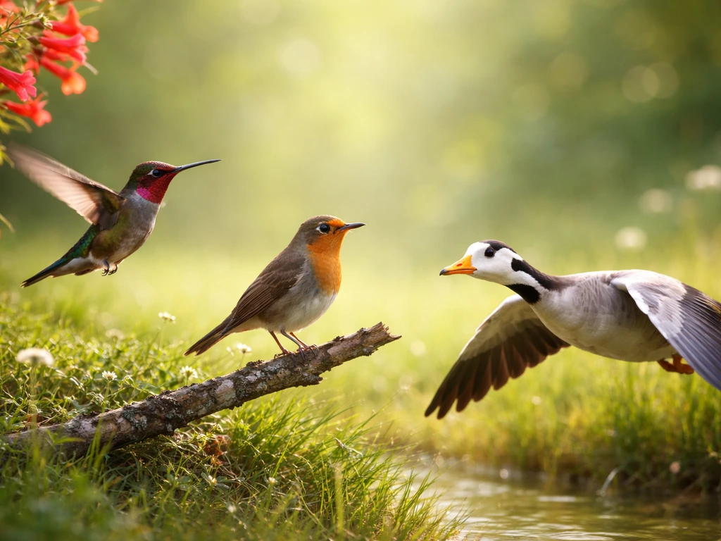 A hummingbird hovering by flowers, a small passerine perched, and a bar-headed goose gliding together in sunlight.