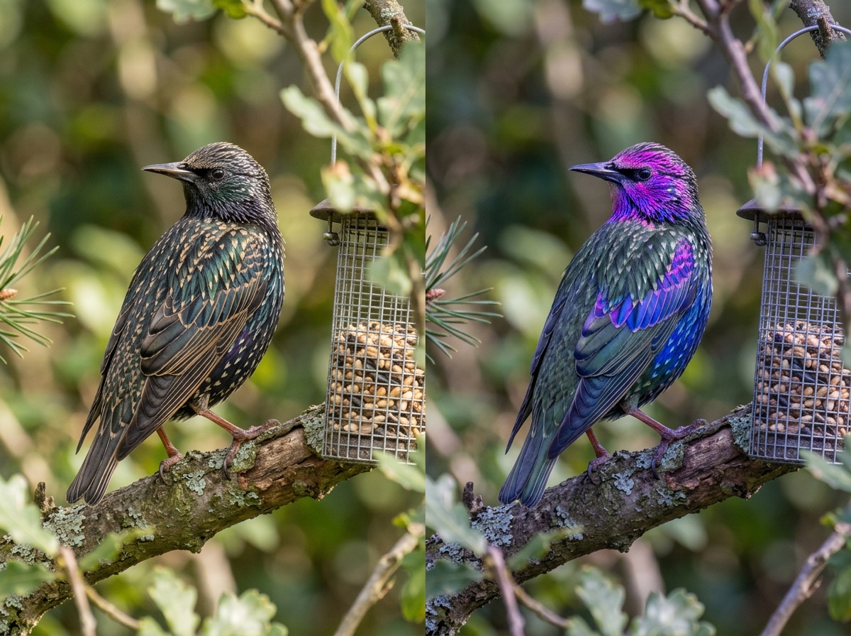 European starling with contrast between visible plumage and UV-bright patches on head and wings