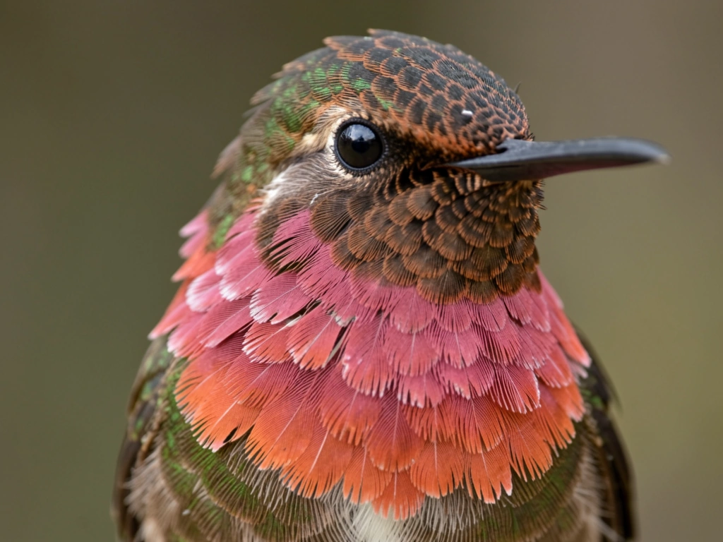 Gorget feathers show deeper rose color on fresh areas and orange-red on worn edges