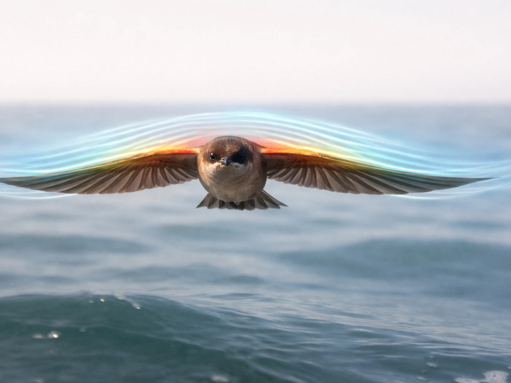 A bird gliding with visible airflow streaks; warm heat near body cools along airflow, shown by color overlay.