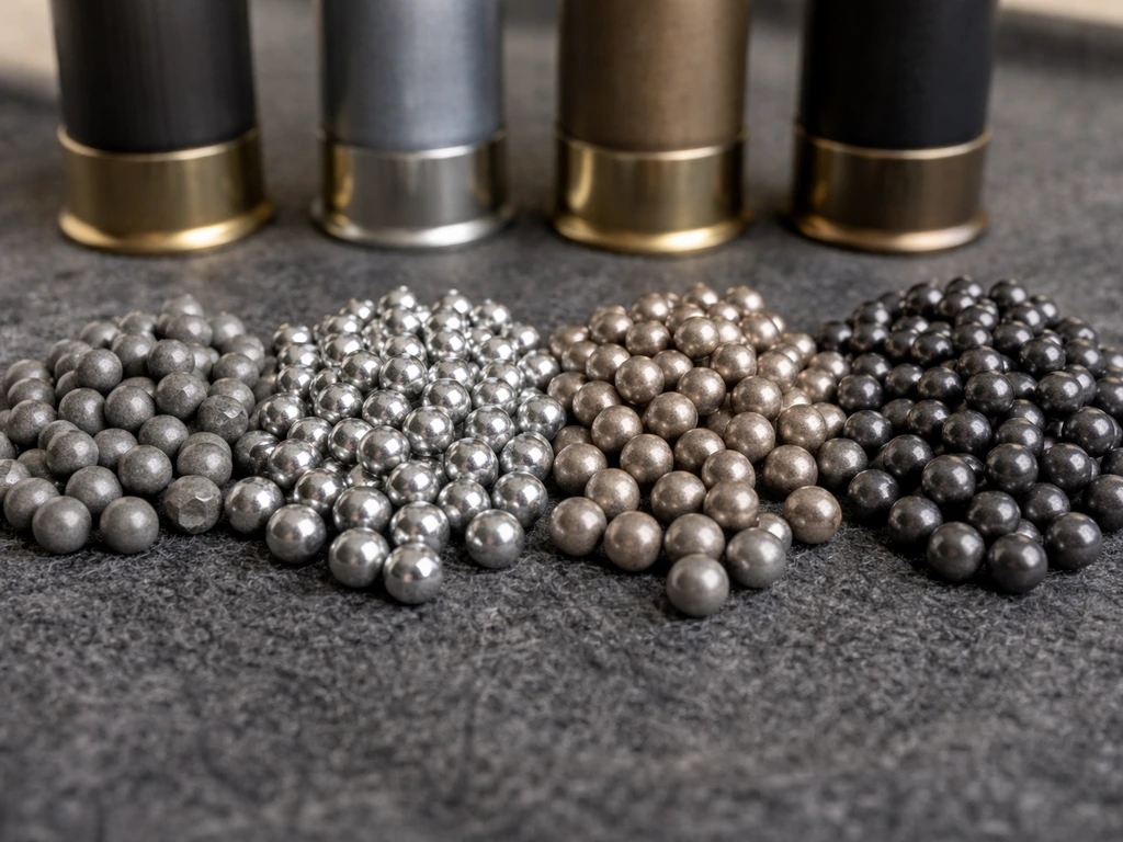 Close-up of loose birdshot pellets with nearby shells suggesting different pellet materials by color.