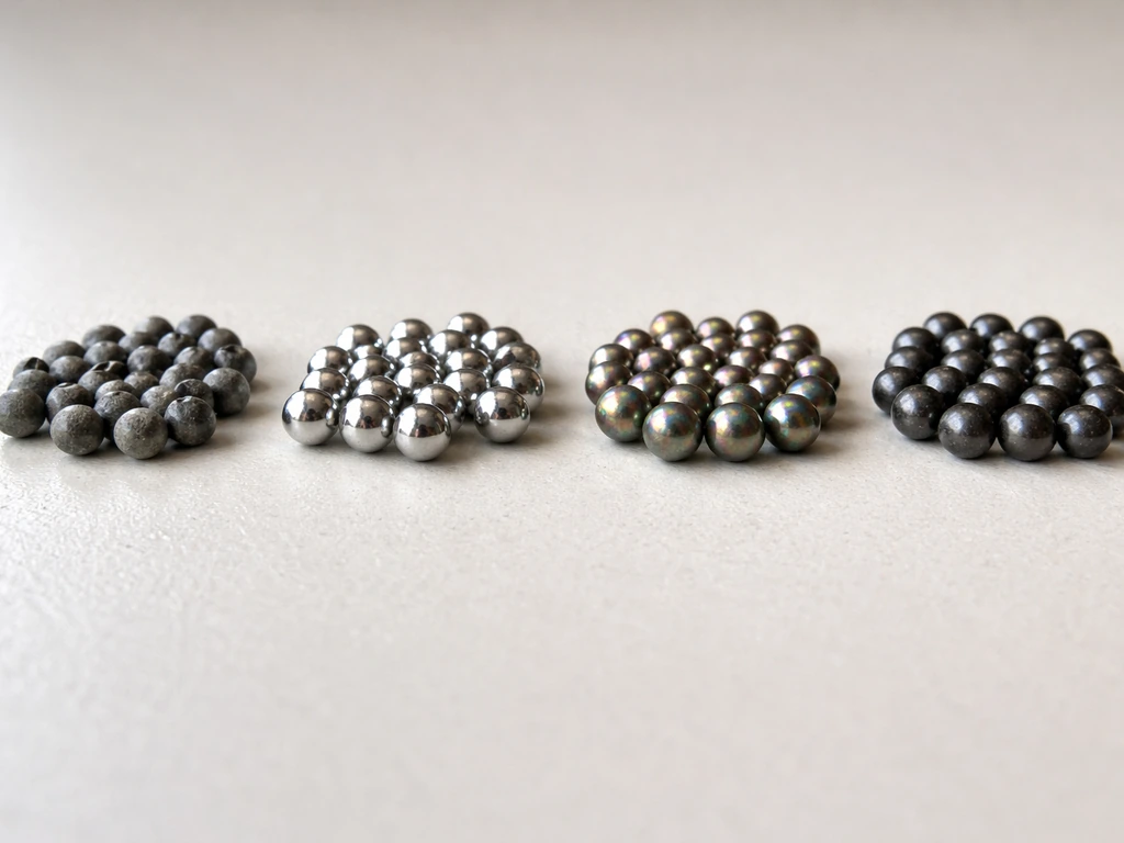 Close-up of lead pellets, steel shot, bismuth, and tungsten laid side-by-side on a neutral surface.