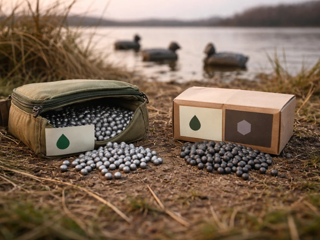 Bismuth and tungsten non-toxic waterfowl shot containers and loose pellets on a grassy decoy field at dusk.