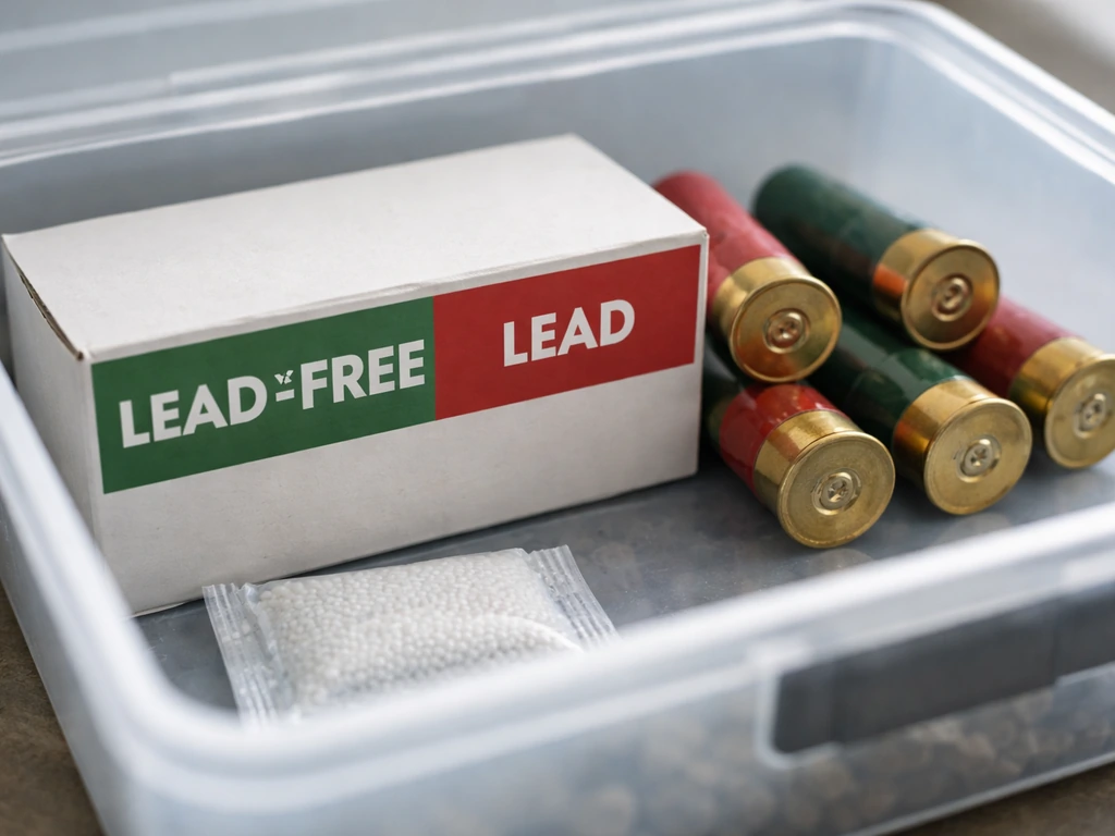 Close-up of shotshell box label showing lead vs lead-free, with shells stored in a cool dry container