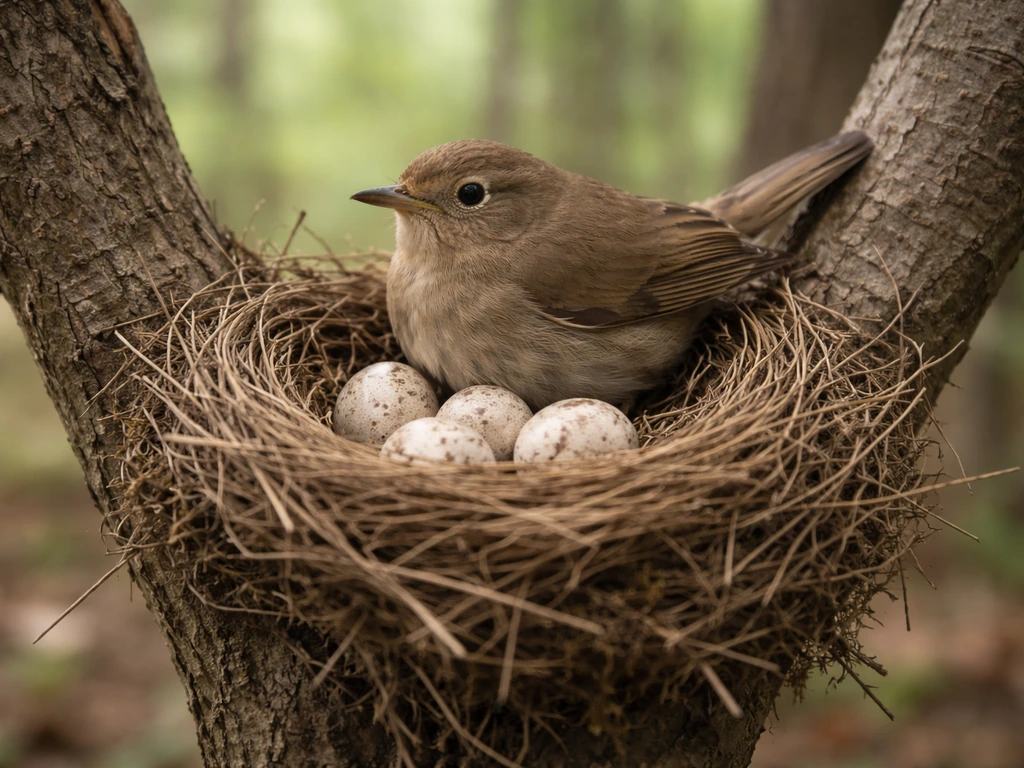 Small wild bird perched on a nest with several pale speckled eggs in a quiet forest setting.