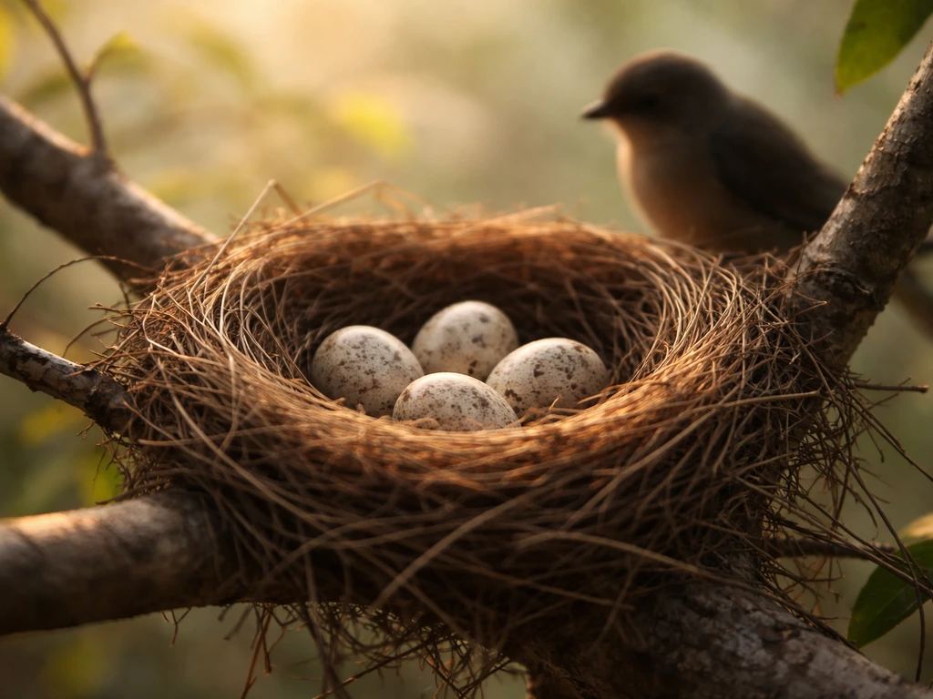 Close-up of a bird nest on a branch with a few speckled eggs, warm natural light showing incubation.