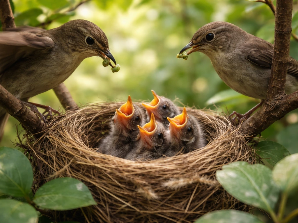 Tiny nestlings in a natural nest while adult birds bring food for their chicks.