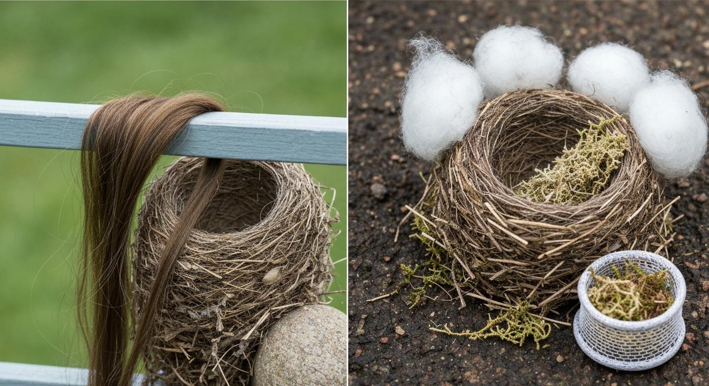 Comparison close-up of a bird nest showing long human hair hanging from one side and safe short wool and moss in a mesh holder on the other.