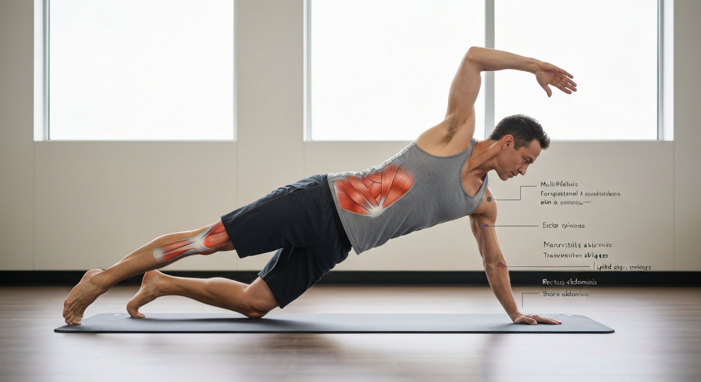 Side-view photo of a person doing a bird dog on a mat with subtle semi-transparent overlays highlighting posterior-chain and core muscles, showing greater activation in back/glute muscles than the front abs.