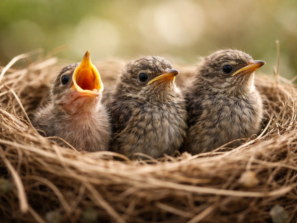 Three baby birds in one nest showing early nestling to more independent weaning stages.