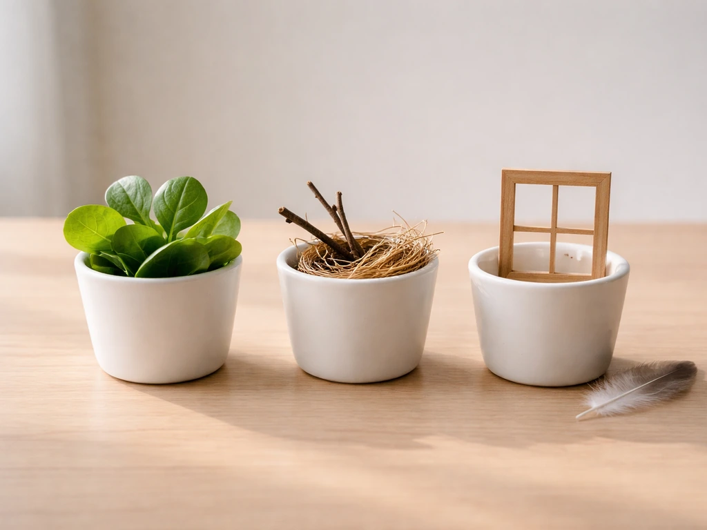Minimal tabletop photo with three distinct containers holding objects symbolizing weaning, fledging, and independence.