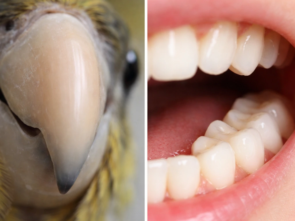 Close-up split scene: bird beak with no teeth beside human molars/teeth showing chewing difference.