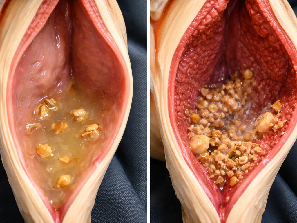 Two-panel close-up of a bird digestive model: proventriculus dissolving food vs gizzard grinding it.