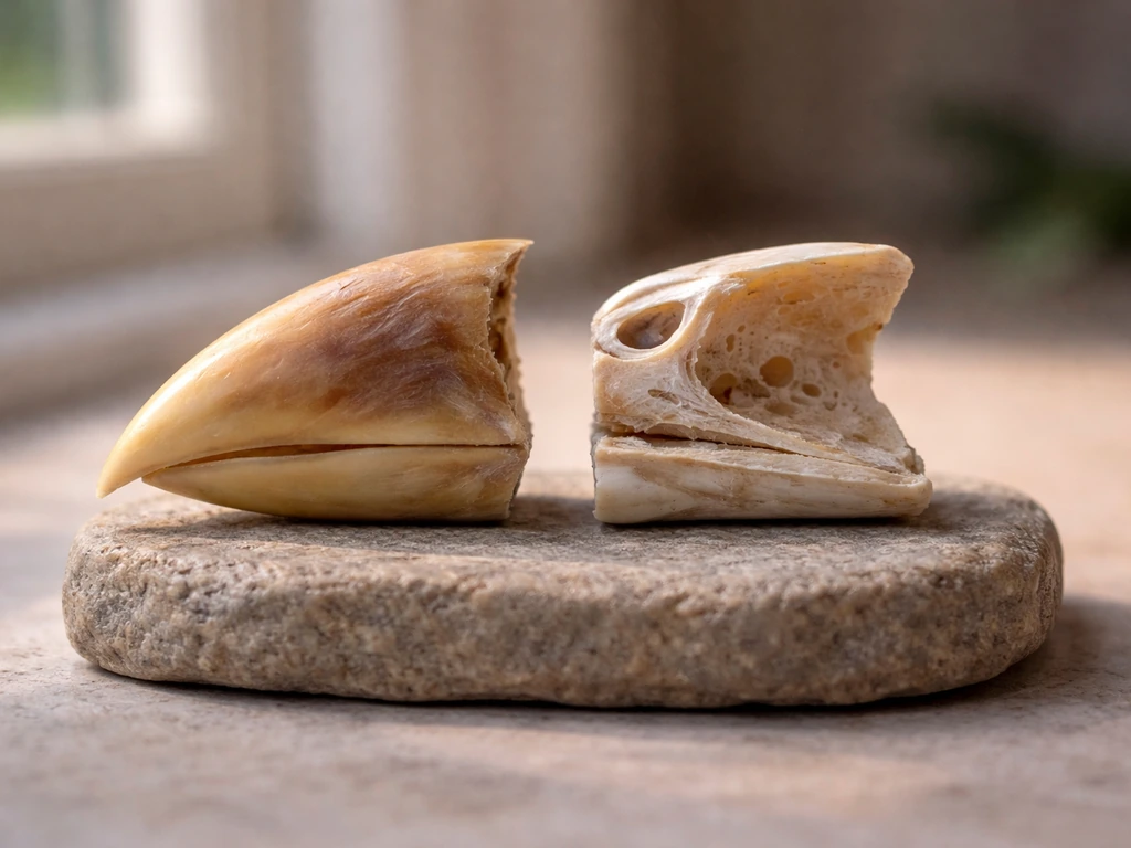 Split view of a bird beak showing outer keratin sheath over an underlying bony jaw core.