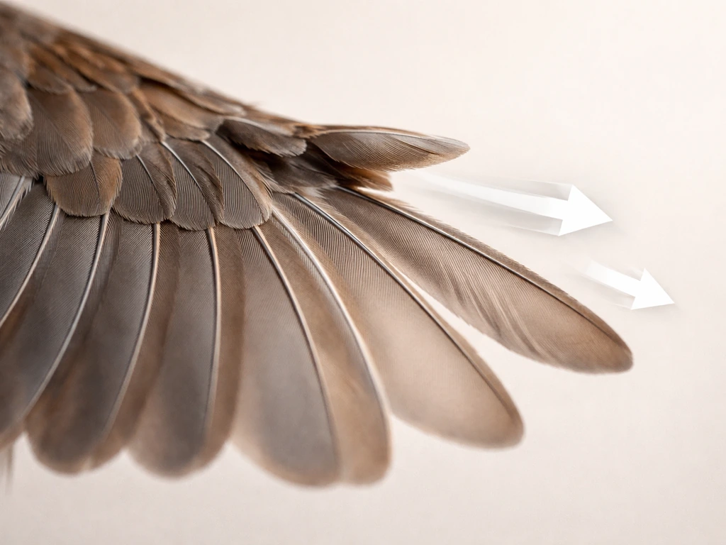 Macro close-up of a bird wing’s leading edge showing the alula raised and moving outward.