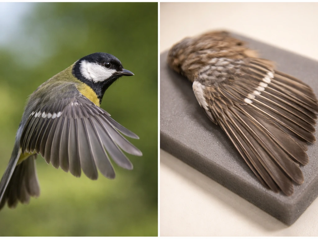 Left: small songbird in slow landing with visible alula; right: museum study skin showing alula along wing leading edge.