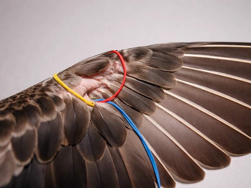 Close-up photo of a bird wing with simplified, non-text markers showing alula and other look-alike wing parts