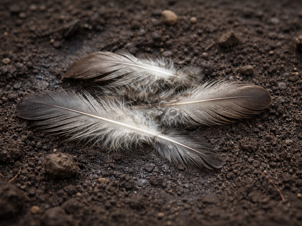 Loose bird feathers scattered on damp soil, showing early natural decomposition texture outdoors.