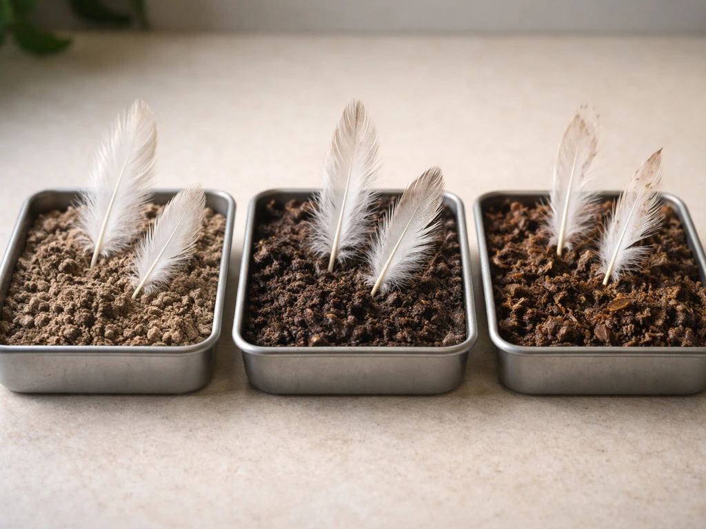 Feathers in three small containers: dry, damp soil, and damp hot compost mix showing different breakdown.