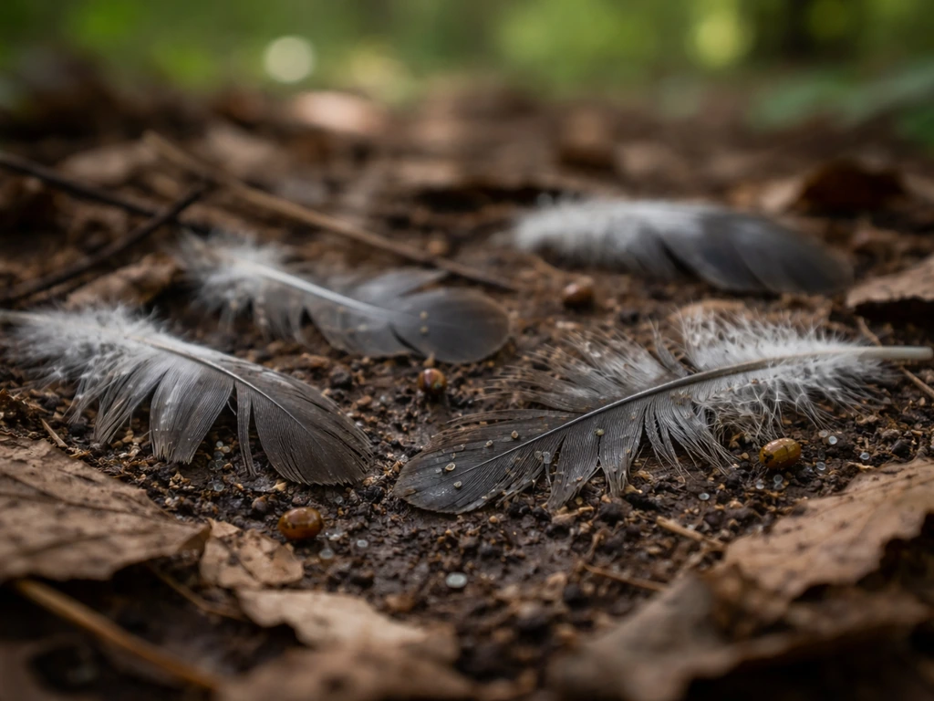 Molted feather fragments on a forest floor amid leaf litter, with subtle insect activity around them.