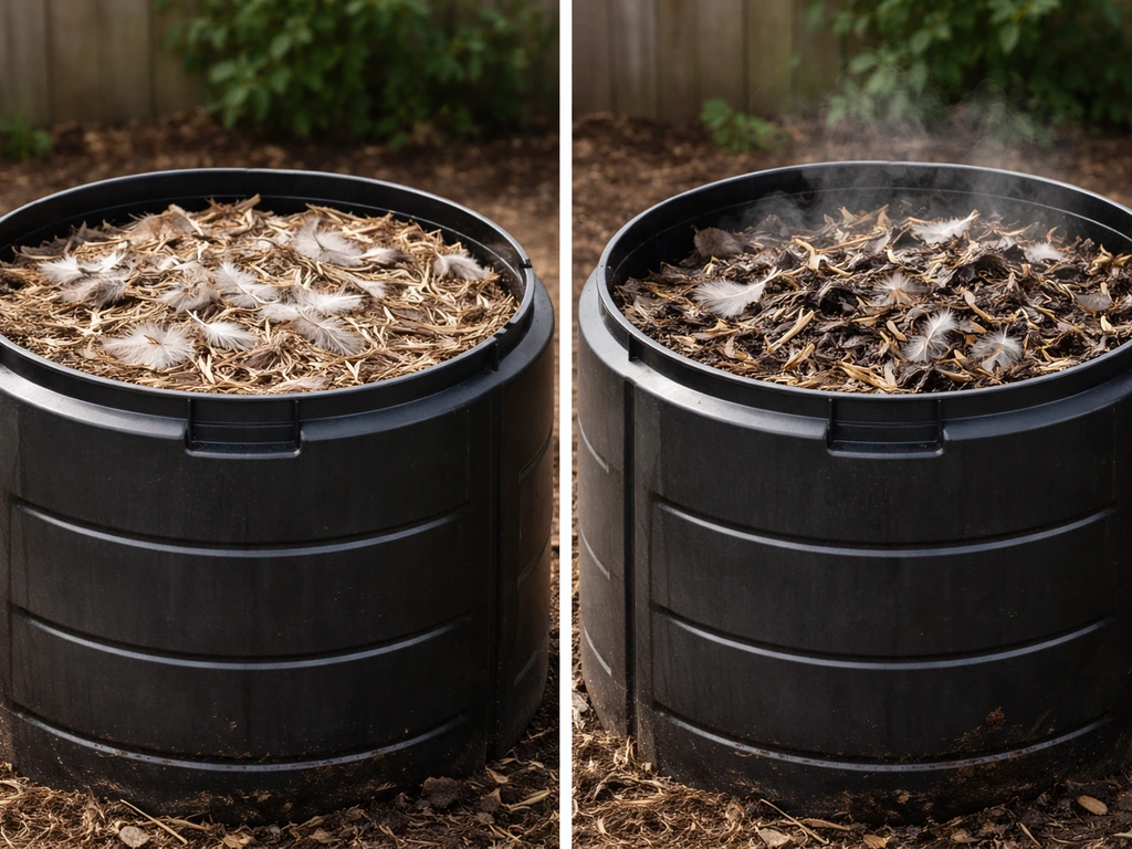 Side-by-side compost bins: feathers-only cold/basic compost vs hot, moist compost with slower decomposition.