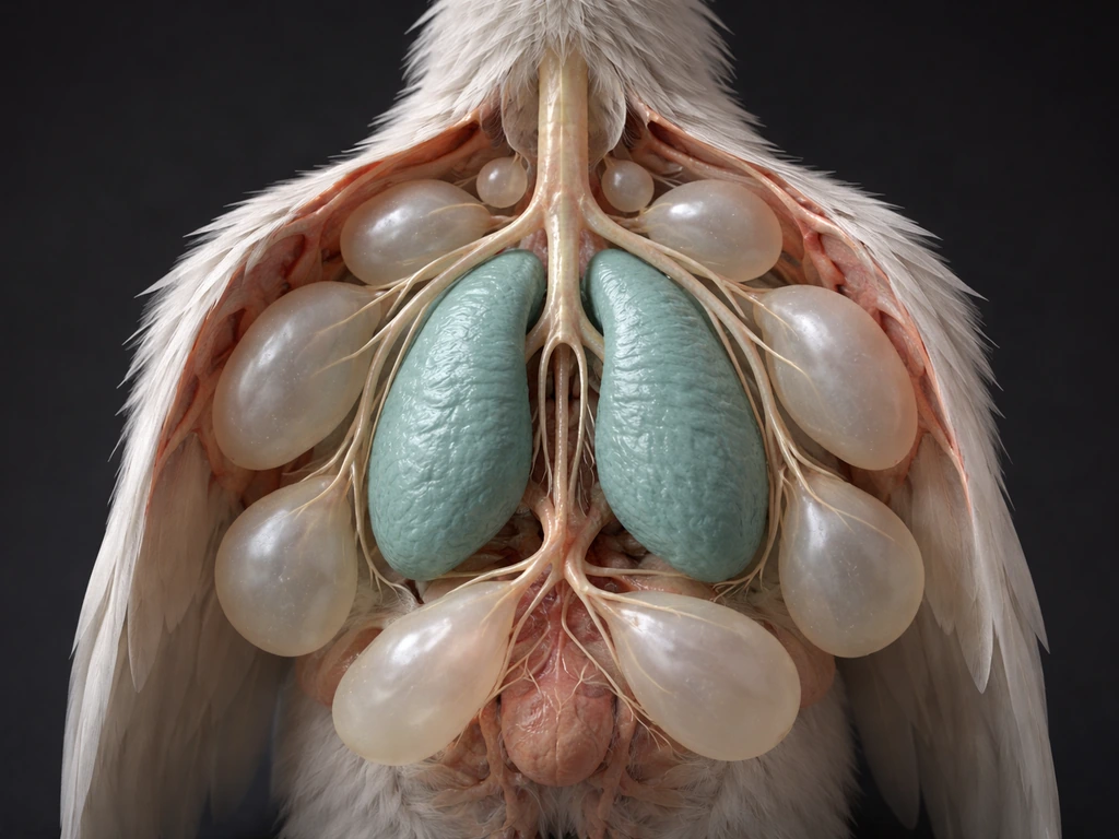 Minimal cutaway view of bird lungs with surrounding air sacs connected in a clear anatomical arrangement.