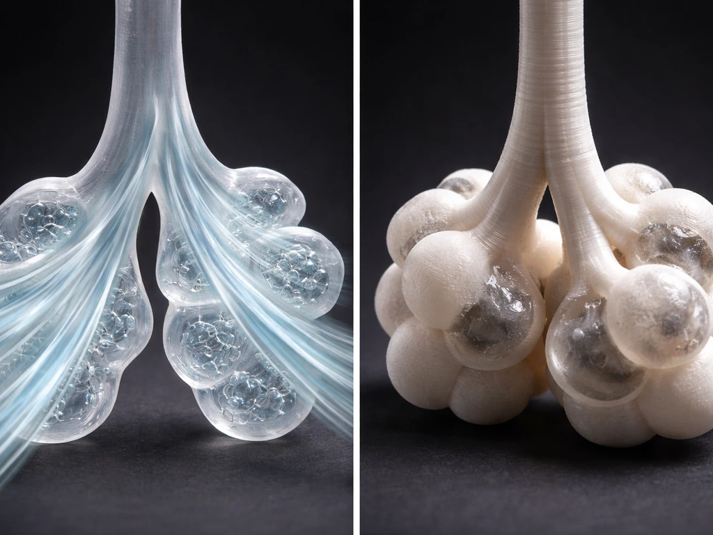 Minimal split-scene: bird-like airflow through tubes vs mammal lung-like chambers with trapped stale air pockets.